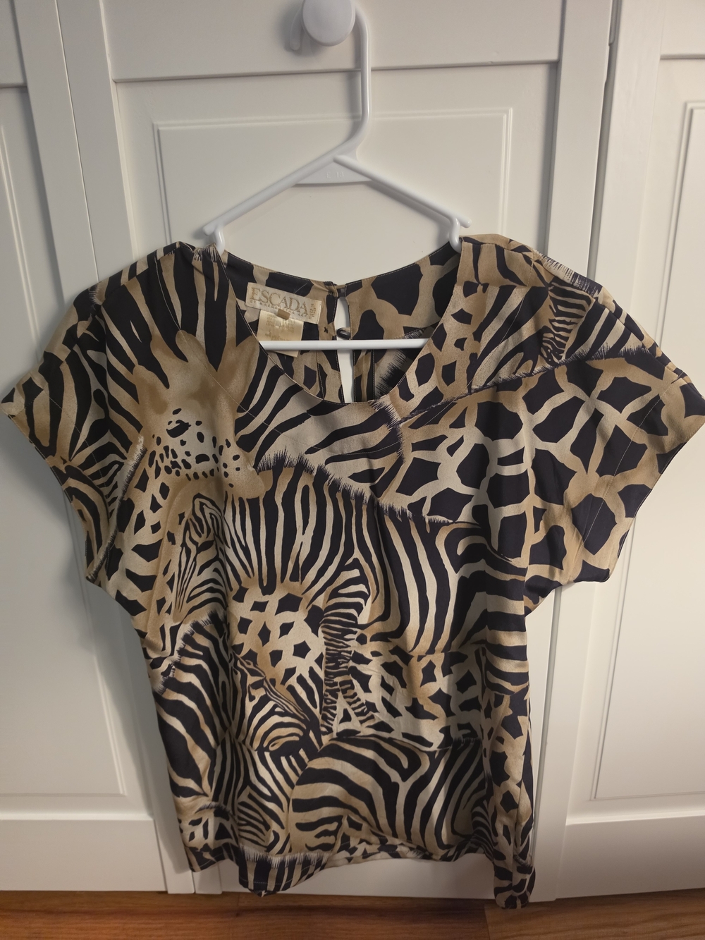 Escada Animal-Print Short Sleeve Silk-Blend Blouse in Black and Tan